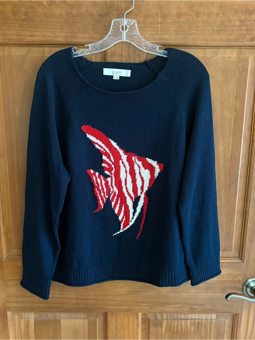 LOFT Navy Crewneck Sweater with Red & White Fish Intarsia, Women's Size M